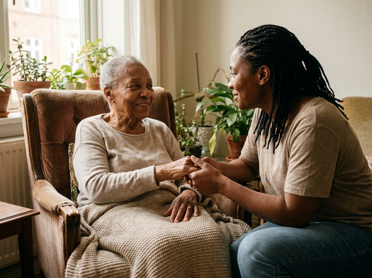 Adult daughter holding the hand of her elderly mother in a tender moment