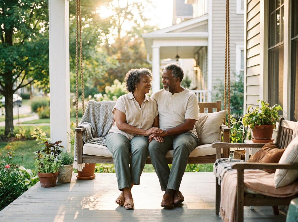 Older couple relaxing together on their front porch at golden hour