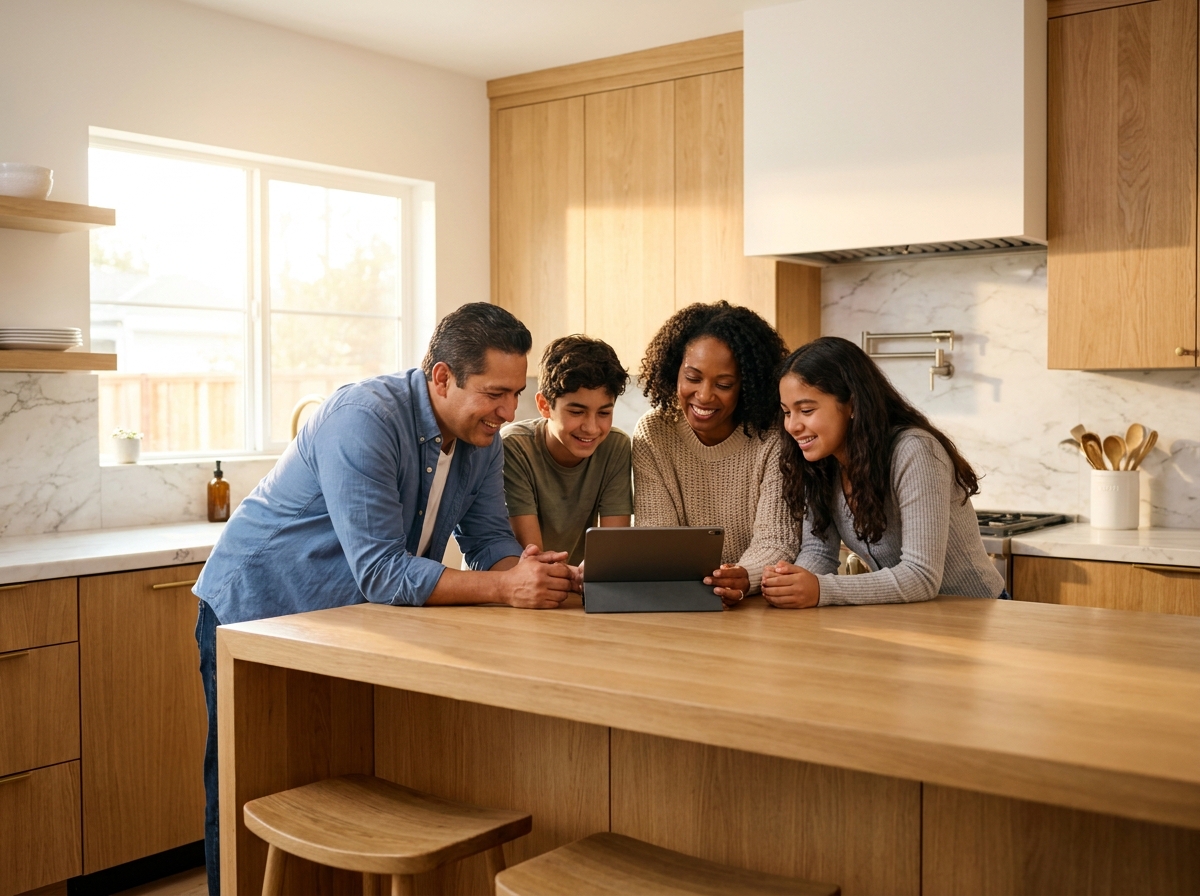Parents and teenage children planning their future together in the kitchen
