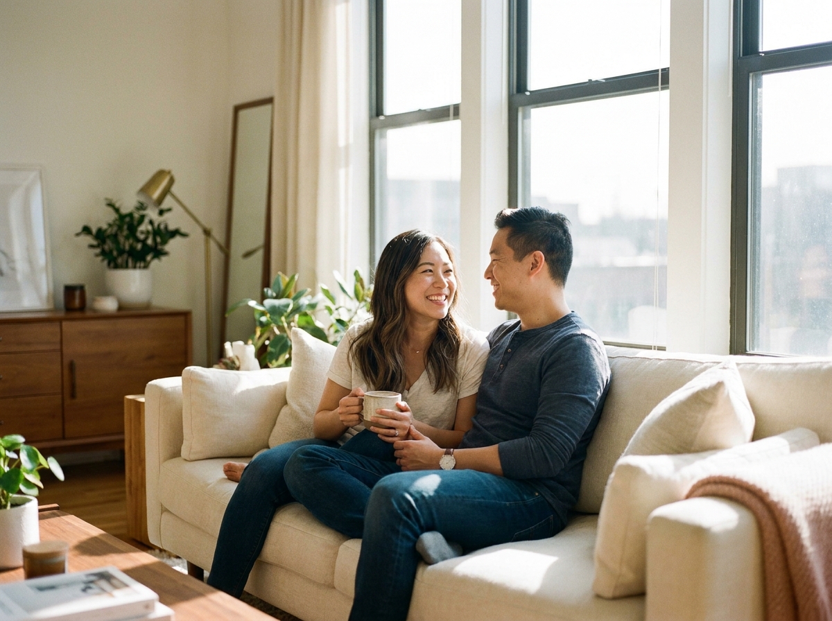Happy couple celebrating a milestone together at home